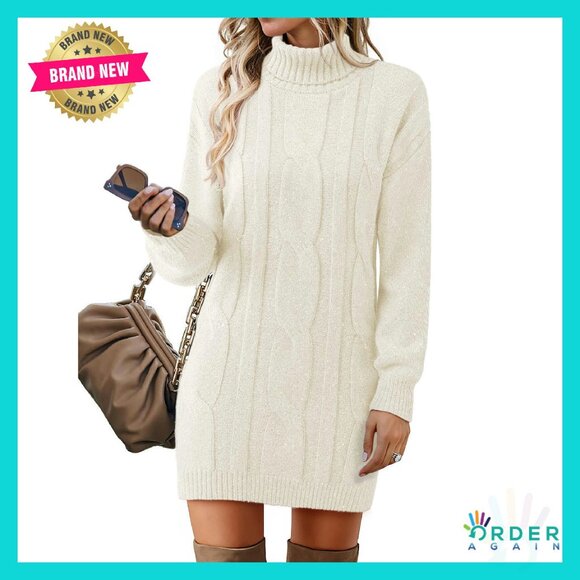 Dresses & Skirts - Long Sleeve Turtleneck Sweater Dress Ribbed Knit Stretchy Midi Elegant